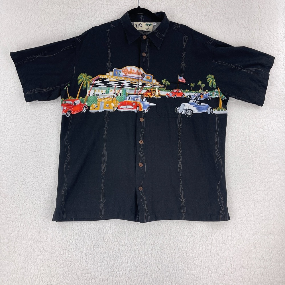 KoKo Island Black Button-Up Hawaiian Car Shirt‎ Mens Short Sleeve VTG Size XL